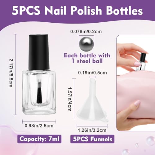 7ml Empty Nail Polish Bottles with Brush, Mixing Balls & Funnels - 5 Pack