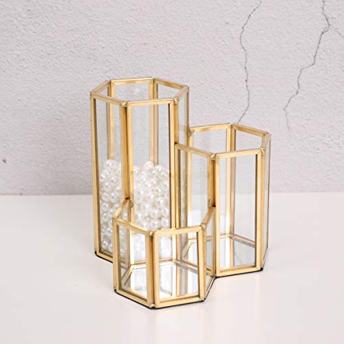 3 Slot Hexagon Gold Glass Makeup Brush Holder Organizer for Desk, Women Girls