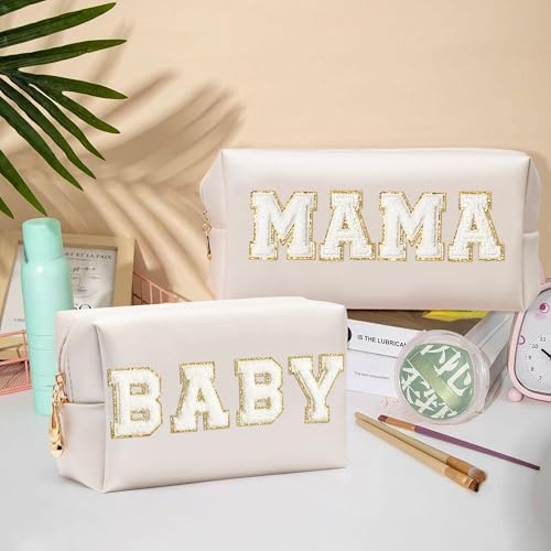 Mama and Baby Chenille Patch Cosmetic Bag Set - Waterproof Travel Pouch