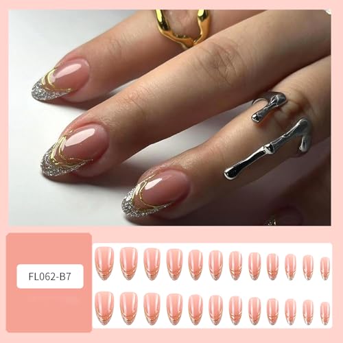 LOPMNGHT Glitter Powder French Almond Short Press On Nails for Women 24Pcs