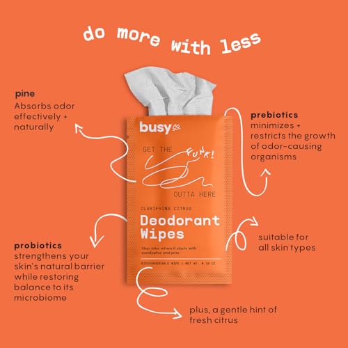 BusyCo Refresh Line Deodorant Wipes - Fresh Citrus, 15 Count - Zinc & Probiotics for Odor Control