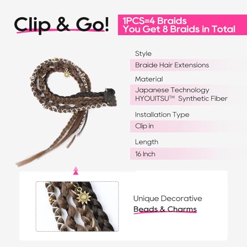 REECHO 16" Boho Clip-In Braid Extensions with Beads & Charms - 2PCS Set