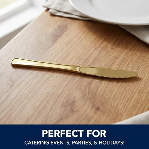 Party Essentials Gold Disposable Knives - 50 Count Heavy-Duty Cutlery