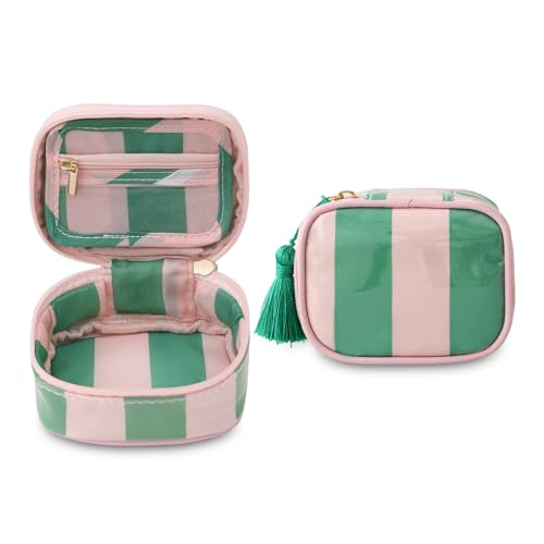 Travel Jewelry Case - Compact Pink & Green Organizer with Tassels
