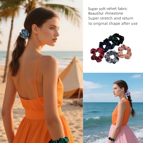 Stretch Thick Hair Ties Rhinestone Velvet Scrunchies for All Types