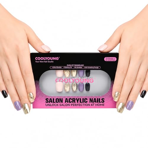 COOLYOUNG 25PC Short Glitter Fake Nails Reusable Soft Gel Acrylic Mix - Fit All / Sweet Edgy Glitter