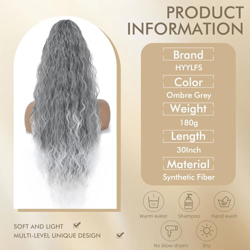 30-Inch Wavy Claw Clip Ponytail Extension - Ombre Grey Curly Hair