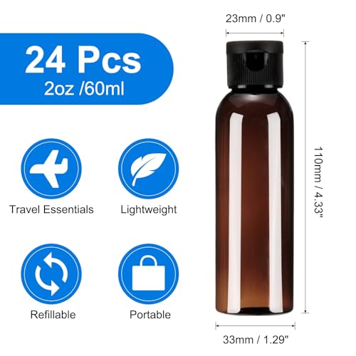 uxcell 24 Pack 2oz Reusable Travel Shampoo Bottles with Flip Caps - Brown Black