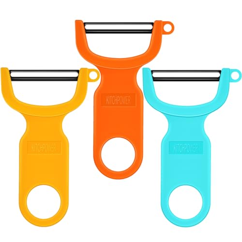 KITCHPOWER Vegetable Peeler Set - Ergonomic Carbon Steel Peelers, 3-Pack in Orange, Blue, Yellow