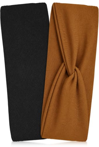 Kitsch Wide Non-Slip Headbands for Women - 2 Pack, Black & Camel