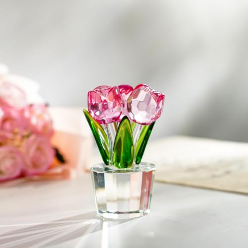 KRISININE Handcrafted Pink Rose Crystal Figurine - 3.2in