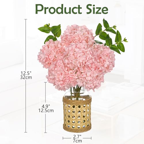 Pink Hydrangea Artificial Flowers in Woven Glass Vase - 12.5" Centerpiece