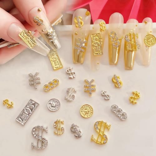 BLGTGH Asd-32 Money Nail Charms 3D Metal Alloy Dollar Sign Nail Art Gems Silver Gold 36Pcs