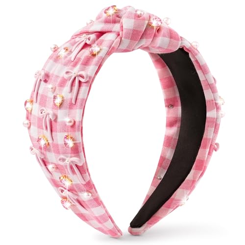 Y1tvei Plaid Bow Checked Headband with Rhinestones & Pearls - Wide Top Knot Fashion Hair Accessory for Women