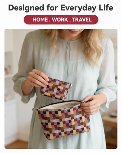 2-Piece Checkered Makeup Bag Set - Canvas Cosmetic Pouch & Travel Organizer