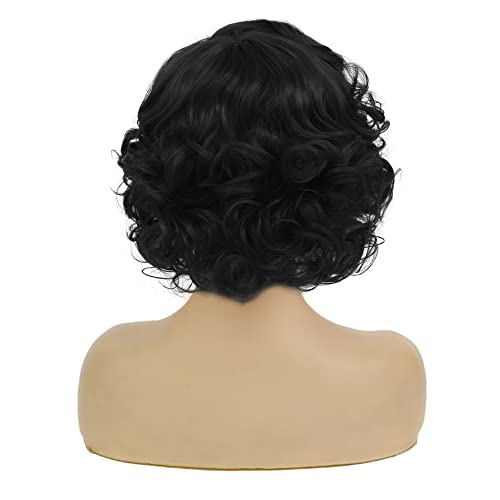 Short Curly Wavy Black Wig for Women - Synthetic Halloween Cosplay