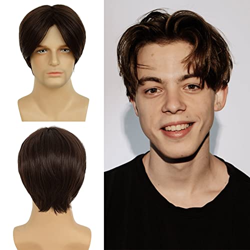 Tseses Brown Men Short Layered Wigs with Cap, Natural Look, Adjustable Size