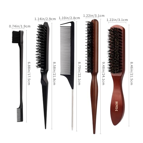 ROVDI 5-Piece Deluxe Boar Bristle Hair Brush & Comb Set