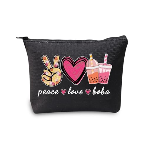 Peace Love Boba Canvas Cosmetic Bag - Cute Bubble Tea Makeup Pouch