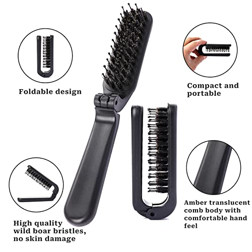 Portable Folding Hair Brush with Boar Bristles - Travel Size