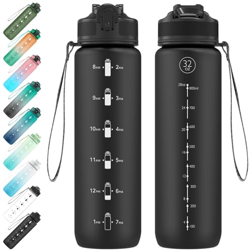 EYQ 32oz Water Bottle with Straw & Time Marker - Blue Purple