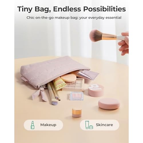 BAGSMART Small Makeup Bag, Puffy Portable Cosmetic Pouch with Charm Zipper, Water-Resistant Travel Organizer for Women (Baby Pink, Small)
