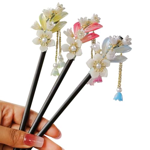 3 Pcs Vintage Chinese Wood Hair Sticks with Floral Accents for Updos