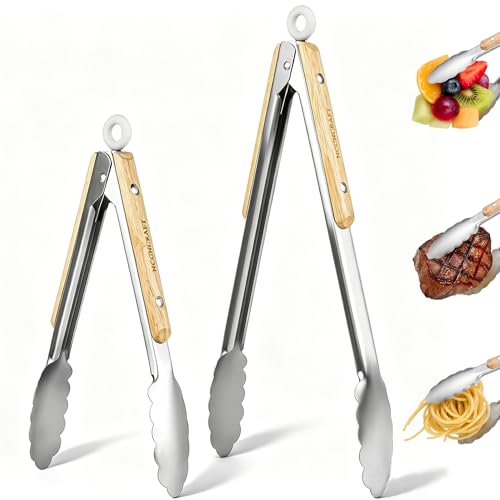 Stainless Steel Kitchen Tongs Set with Oak Wood Handle - 9" & 12"