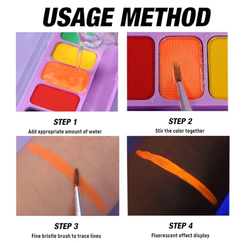 MEICOLY 2-Pack Water Activated Neon Face & Eye Paint Palette, 16 Colors - UV Glow, Matte, Hypoallergenic, Body & Face Makeup Kit
