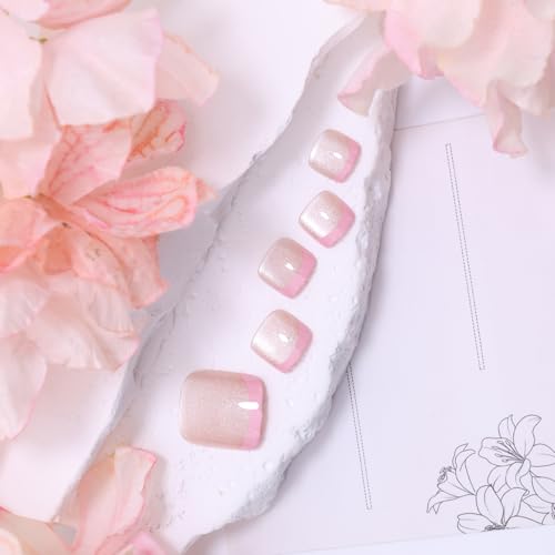 KEHKFSEF French Tip Press-On Toenails Short Square 14 Pink Glitter Fake Nails Spring Summer