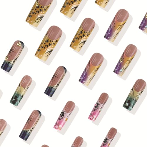 IMRAIN Colorful Ombre French Fake Nails Long Square 24Pcs W1-30Summer