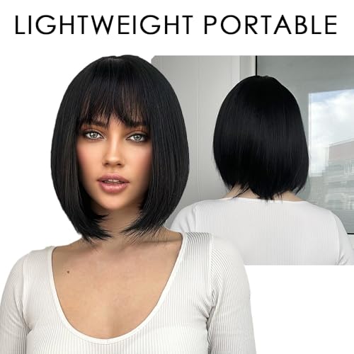 Short Bob Wig with Bangs – Natural Black Synthetic Hair for Women