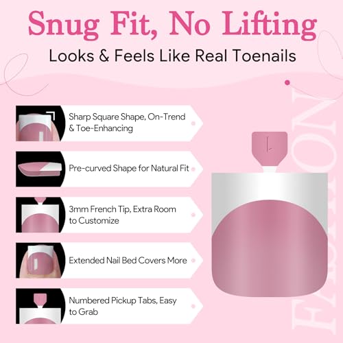 Berry Pink & White Square French Tip Press On Toenails - 270 Pcs Set