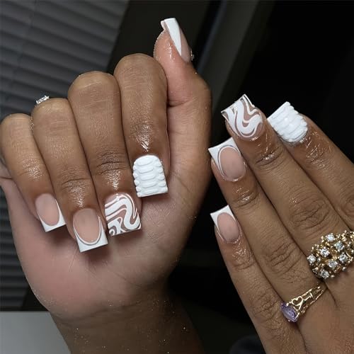 French Tip Press On Nails - Short Square Acrylic with Stripes (24 Pack)