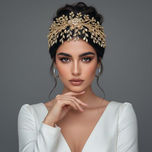 Champagne Rhinestone Bridal Headband - Floral Wedding Hair Accessory