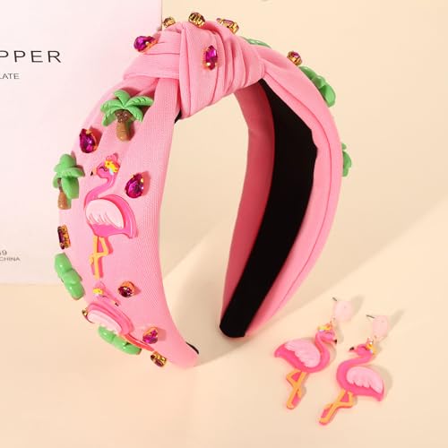 Flamingo 2 Rhinestone Knotted Headband - Tropical Jeweled Summer Hair Accessory