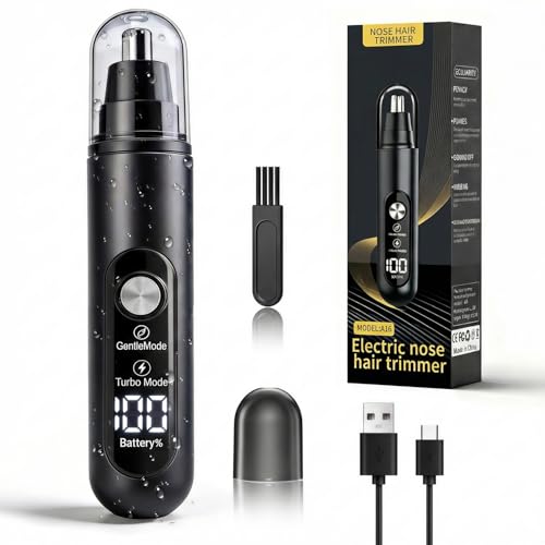 Ear & Nose Hair Trimmer, Professional Painless Eyebrow and Facial Hair Trimmer for Men and Women, C-Type Rechargeable, Waterproof Double Edged Blade (Carbon Black)