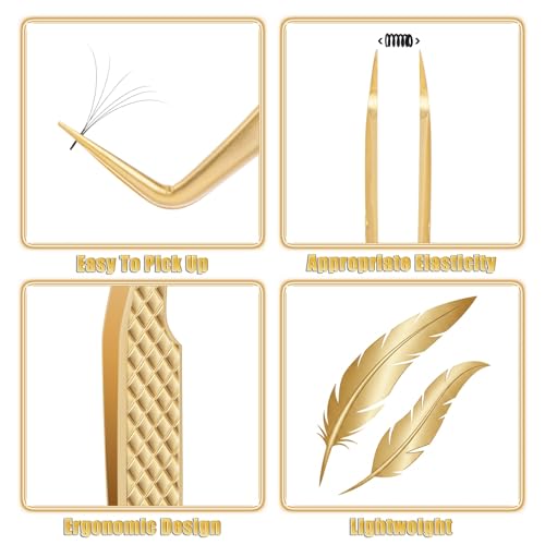 Gold Lash Tweezers Set - 4 Pack Precision Eyelash Extension Tools