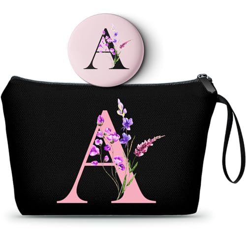 SEAMOON Personalized Initial Makeup Bag for Women with Mirror – Black, A