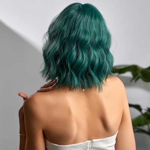 Green Short Curly Wig for Women - 12 Inch Bob with Bangs