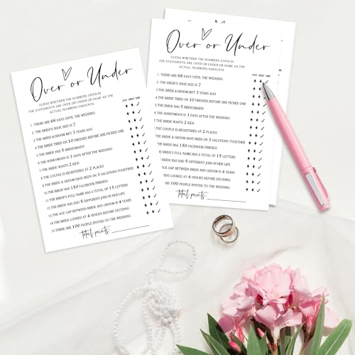 Over or Under Wedding Game Cards - 30 Pack for Bridal Showers & Engagement Parties