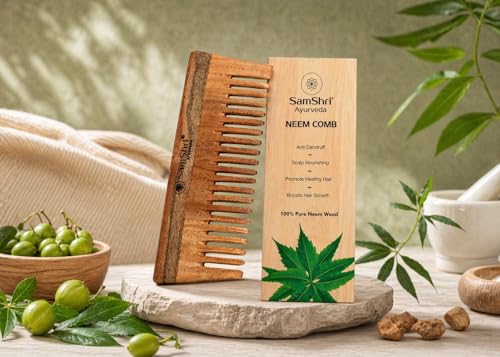 Neem Wood Shampoo Comb - Natural Wide Tooth Detangling Comb for All Hair Types
