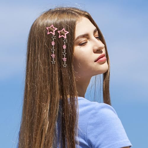 Pndeyo 2-Pack Star Tassel Hair Clips - Pink Alloy Non-Slip