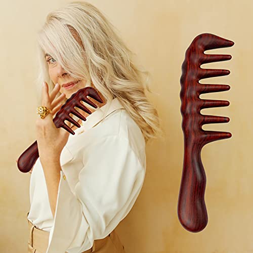 Denlydom Natural Red Sandalwood Wide Tooth Comb for Curly Hair Detangling
