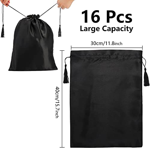 16 Pcs Satin Wig Bags - Black Travel & Storage Pouches for Wigs & Hair Extensions