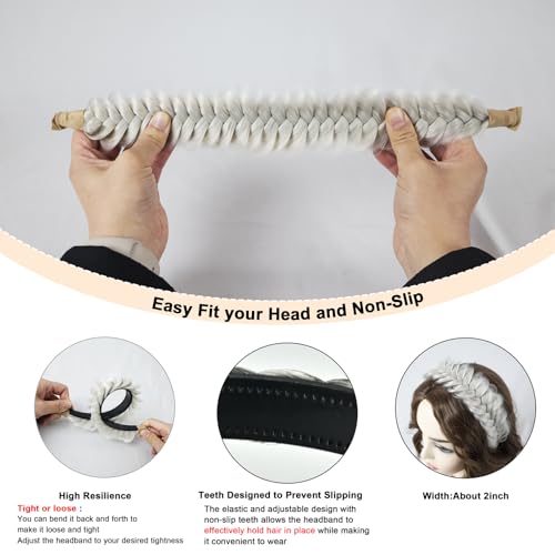 Wide Braided Headband Hoop for Women & Girls - Non-Slip Elastic Hair Accessory (White Grey)
