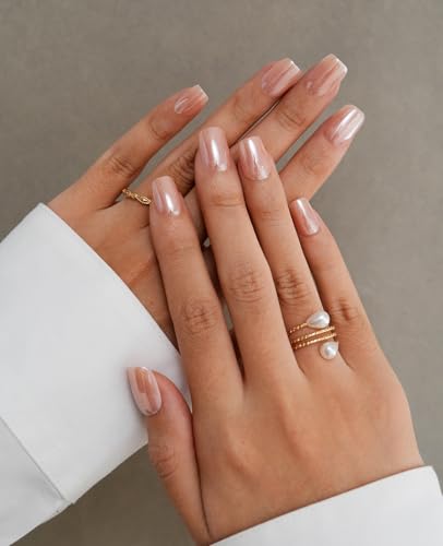 ESLALA Short Squoval Chrome Press-On Nails with Pink Aurora Finish, Reusable 32-Piece Kit - Champagne Variation