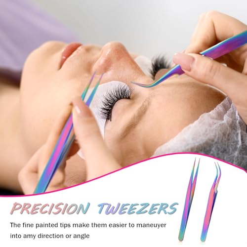Eyelash Extension Tweezers Set - 2pcs Stainless Steel Curved & Straight Tips