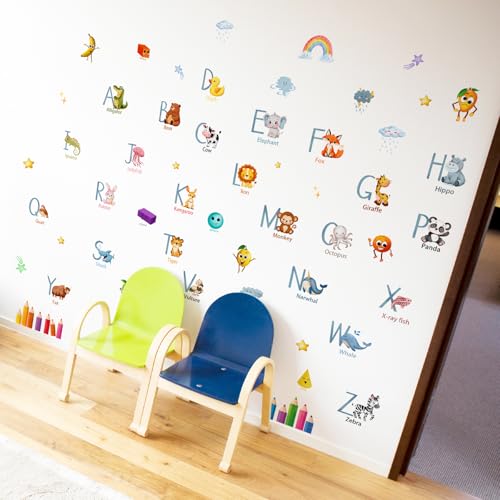 Animal Alphabet Wall Decals - 64 Educational Stickers for Kids