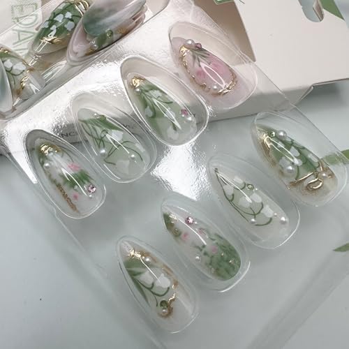 Green Almond Press-On Nails with 3D Pearl Rhinestones - 24 Pcs